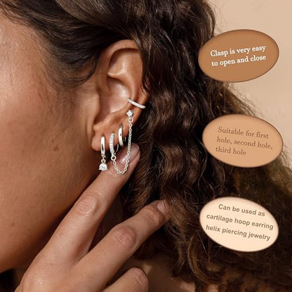 4 Pairs Small Hoop Earrings for Women 14K Gold Plated | Trendy Chain Drop Earrings Set, Hypoallergenic CZ Huggie Hoops, Lightweight Cartilage Earring Stacks - color: Silver Plated-dangle hoop