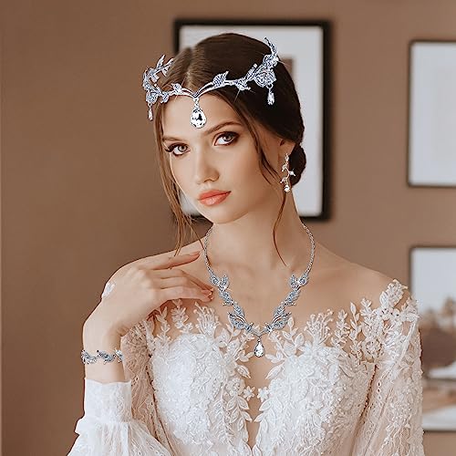 Wedding Jewelry Set for Women, Rhinestone Leaf Tiara Headband Crown Necklace Earrings Bracelet for Women - color: Silver
