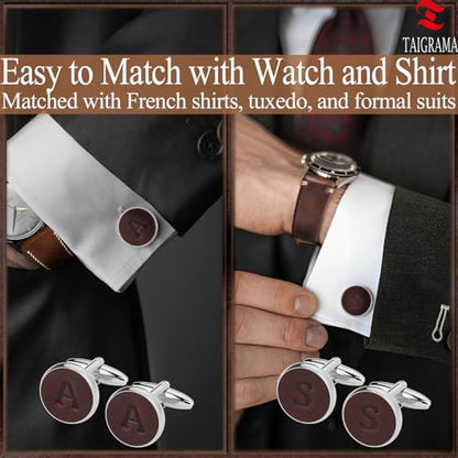 Silver Rose Gold Cuff Links Men, Leather Stainless Steel Cufflinks for Men Initial Letter Personalized Cuff Links with Gift Box for Groom Husband Father - style: Letter G