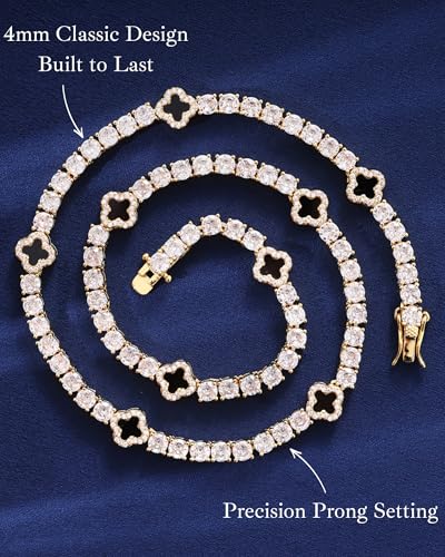 LuxeFlex 4mm Iced Out Four Leaf Tennis Chain,White Gold Plated with 5A Zircon Stones, exquisite Handmade Hip Hop Bling Necklace Perfect Unisex Jewelry Gift - color: Gold, size: 18 INCH