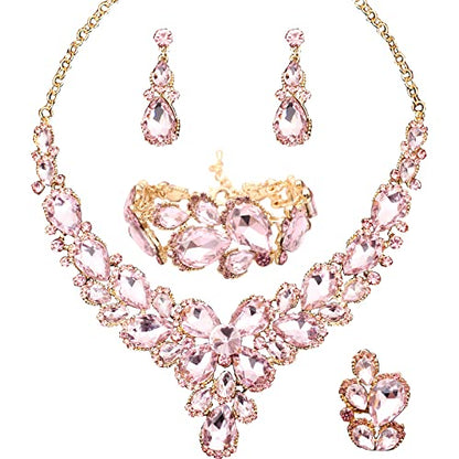 Women's Wedding Bridal Austrian Crystal Glass Teardrop Statement Necklace Dangle Earrings Bracelet Ring Wedding Party Jewelry Set for Bridal Bridesmaid - color: Light Pink-Gold Plated