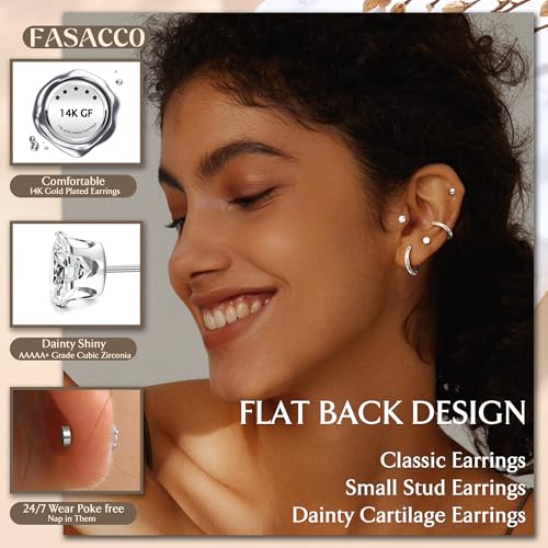 FASACCO Small Tiny Stud Flat Back Earring Hypoallergenic Gold Studs 14K Surgical Steel Earring Sets for Multiple Piercing Cartilage Hoop Earrings - color: silver tone