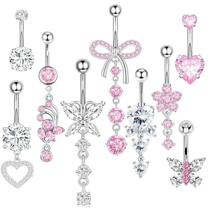 Suotarn 14G Belly Button ring Dangle Belly Rings Surgical Stainless Steel Cute Bow Butterfly Heart Flower Dangling Belly Button Piercing Jewelry For Women Silver Dainty Dangly Navel Ring - color: mix color