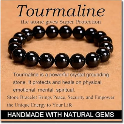 Carnelian Bracelet - Stone of Luck,Stretch Natural Stone Crystal Beads Jewelry Gifts for Women Men Unisex - color: Black Tourmaline-Super Protection, size: 10mm