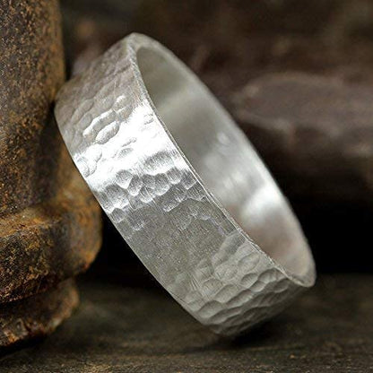 925 Sterling Silver Wedding Ring Hammered Flat Pipe Cut Textured Thick & Durable Handmade Unisex Mens & Women Rustic Engagement Promise Band - US Size 4-13 - Custom Engraving - color: 01 - 7mm Silver