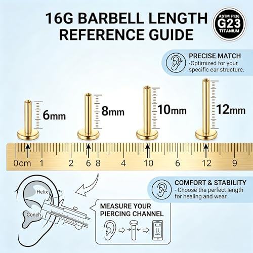 DJCIW G23 Titanium 18G Internally Threaded Flat Back Labret Post Only, 6-12mm Replacement Piercing Shaft for Helix Tragus Nose Lip - color: gold-16G=1.2*6/8/10/12mm