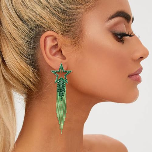 EVER FAITH Crystal Long Waterfall Star Tassel Clip-on Earrings for Women | Rhinestone Beaded Fringe Chandelier Dangle Statement Earring, Wedding Party Jewelry - color: Green Green-Tone