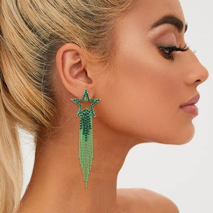 EVER FAITH Crystal Long Waterfall Star Tassel Clip-on Earrings for Women | Rhinestone Beaded Fringe Chandelier Dangle Statement Earring, Wedding Party Jewelry - color: Green Green-Tone