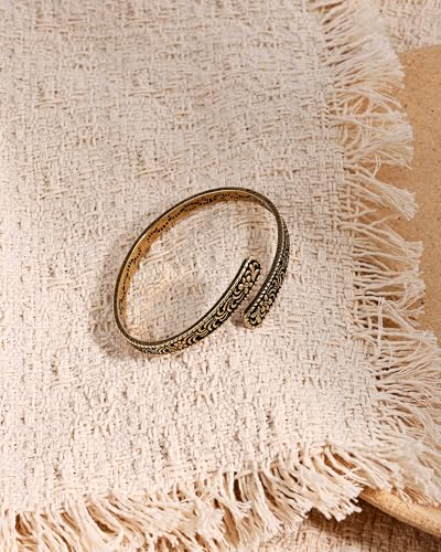 Vinatage 14K Gold Plated Cuff Bracelet - Boho Adjustable Cuff with Floral Pattern, Stackable Bracelet Bangle for Women