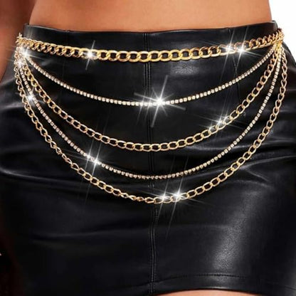 Chunky Gold Waist Chain for Women Rhinestone Layered Belly Belt Chains Beach Waist Chain Waterproof Cuban Body Chain Adjustable Bikini Body Jewelry Summer Beach Accessories Jewelry Gift - color: Gold