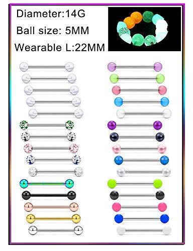 Prjndjw 14G, 16/19/22mmL, 25/30PCS, 5mm Ball Barbell Tongue Ring. Surgical Steel Nipple Piercing Vemom/Glow in The Dark/Created Pearl/Body Jewelry for Woman Unisex - color: 7/8in(22mm)