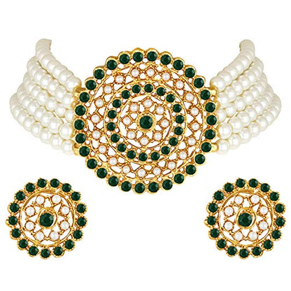 Aheli Pearl Diamond Choker Necklace & Round Earrings Gift for Women Indian Traditional Bollywood Fashion Bharatanatyam jewellery set - color: White & Green