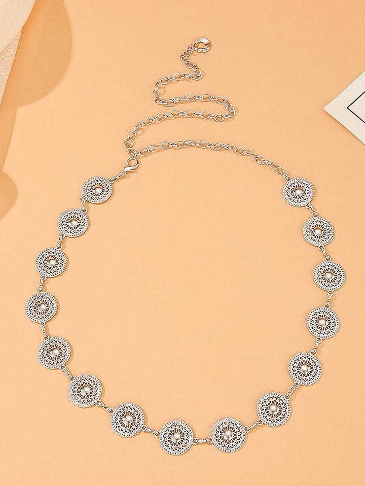 Women Western Concho Chain Belt - Fashion Gold Metal Waist Cowgirl Belt for Dresses Jeans - color: Silver-sun-flower
