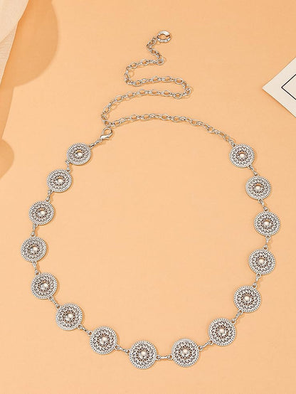 Women Western Concho Chain Belt - Fashion Gold Metal Waist Cowgirl Belt for Dresses Jeans - color: Silver-sun-flower