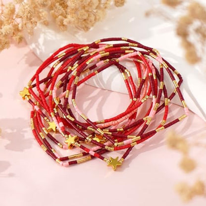 Gold Beaded Bracelets Stack for Women Stocking Stuffers 12PCS Boho Gold Plated Seed Beads Bracelet Stretch Star Stackable Accessories Jewelry Friendship Fall Christmas Gifts for Women - color: Red