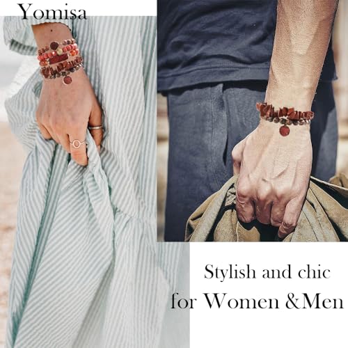 Yomisa 5PCS 6PCS Natural Boho Beaded Bracelets/Bangle for Women Men,Healing Turquoise Jasper Agate Crystal Gemstone Stone Chakra Multilayer Wrap Bohemian Handmade Jewelry Beads Stretch Bracelet Set - color: 5PCS-Red