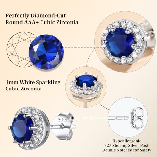 Bestyle 8mm Small Birthstone Earrings for Women with Hypoallergenic Sterling Silver Post,Sparkle Heart/Round Womens Studs Earrings, Great Birthday/Christmas/Anniversary Jewelry for Wife Mother - color: 09. Sept. Sapphire-Round
