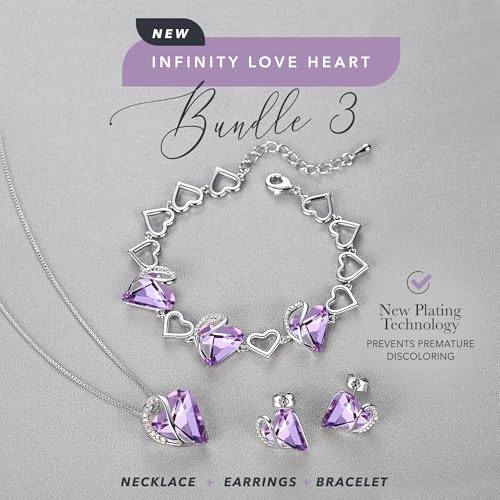 Leafael Necklace Gift Set for Women, Infinity Love Birthstone Heart Pendant with Matching Earrings and Bracelet, for Mom and Wife, Silver Plated - color: 06-Set-June-Light Purple