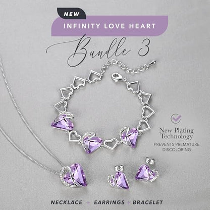 Leafael Necklace Gift Set for Women, Infinity Love Birthstone Heart Pendant with Matching Earrings and Bracelet, for Mom and Wife, Silver Plated - color: 06-Set-June-Light Purple