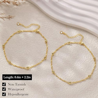 Gold Silver Ankle Bracelets for Women Waterproof 14K Gold Plated Anklets for Women Non Tarnish Dainty Layered Beaded Heart Anklet Set Summer Beach Foot Chain Jewelry Gifts Trendy Stuff - color: D- Ankle Bracelets- Gold