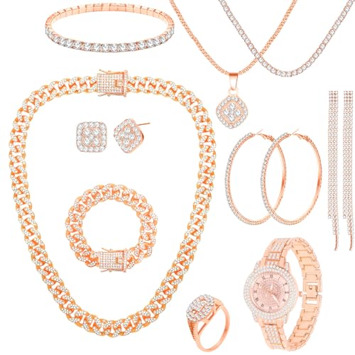 NEWITIN 13 Pieces Silver Jewelry Set for Women Stainless Steel Cuban Link Necklaces Bracelets Earrings Watch Ring Bling Cubic Zirconia Cuban Jewelry Set for Women Men - color: Rose Gold Jewelry Set