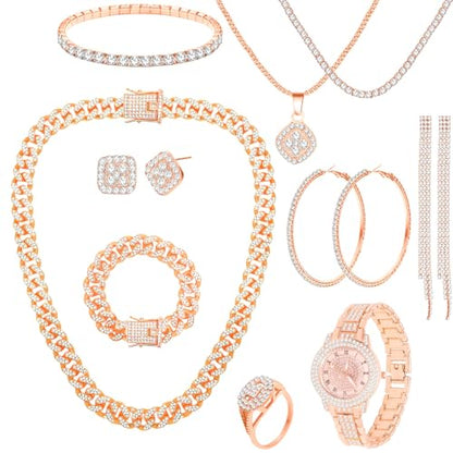 NEWITIN 13 Pieces Silver Jewelry Set for Women Stainless Steel Cuban Link Necklaces Bracelets Earrings Watch Ring Bling Cubic Zirconia Cuban Jewelry Set for Women Men - color: Rose Gold Jewelry Set