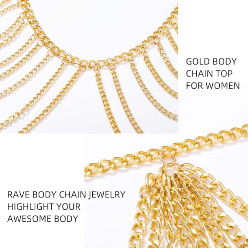 Chain Bra Rave Outfits for Women Gold Chain Skirt Layered Body Chain Set Bra Jewelry Beach Belly Chains (Bra + Skirt)