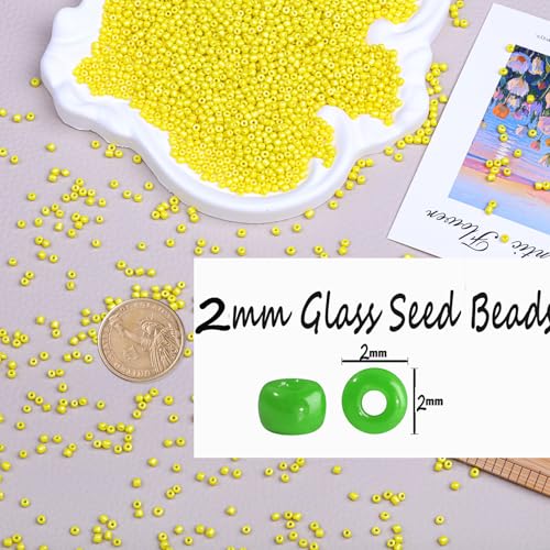 2mm Glass Seed Beads Bulk, Yellow 12/0 Tiny Round Seed Bead, Small Mini Pony Craft Beads for Bracelet Necklace Wrist Jewelry Making Beading Weaving DIY Crafts Supplies - color: Yellow