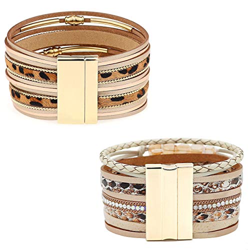 Wowanoo 3Pack Leather Cuff Bracelet Set Multilayer Wrap Bracelet Crystal Feather Tree Bracelet Magnetic Clasp Bracelet for Women - color: Leopard