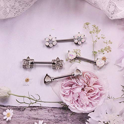 14G Opal Flower CZ Nipple Barbell Nipple Ring Piercing Jewelry for Women - color: silver 2