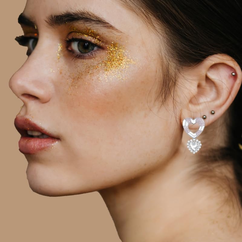 18K Gold Plated & Silver Chunky Heart & Bow Earrings for Women, Chunky Heart Dangle Hoops/Tiny Studs, Kawaii Dainty Hypoallergenic Jewelry for Multiple Piercings, Gift for Her - style: Pink Zircon Love