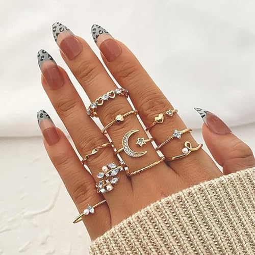 Gold Stackable Ring Set for Women, Dainty Fashion Rings Set with Pearl, Crystal, Heart, Bow and Wave Design, Trendy Midi Finger Rings Jewelry Gift - color: A3