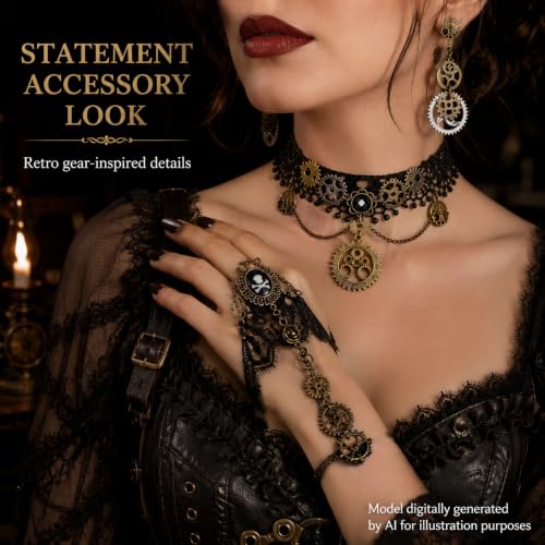Steampunk Accessories Set Lace Choker Necklace Hand Chain Bracelet Earrings | Vintage Gothic Jewelry Gear Pendant Cosplay Costume Halloween Outfit Women Teen Festival Apparel Retro Victorian Style