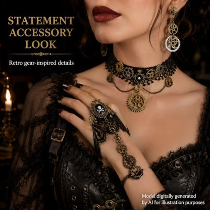 Steampunk Accessories Set Lace Choker Necklace Hand Chain Bracelet Earrings | Vintage Gothic Jewelry Gear Pendant Cosplay Costume Halloween Outfit Women Teen Festival Apparel Retro Victorian Style