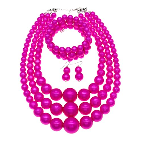 JNF Faux Pearl Statement Necklaces Big Beaded Necklace for Women Chunky Pearls Necklace and Earring Set Large beads Costume Necklace - color: Fuchsia pearl necklace