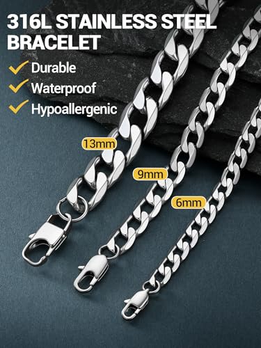 PROSTEEL Bracelets for Men, Figaro/Cuban Mens Bracelet, Silver/Gold/Black | 6/9/13mm Width, 7.5/8.3/9" Length, Stainless Steel Mens Bracelet, Durable & Non Tarnish, Chunky Jewelry with Gift Box - style: G 13mm-Cuban-Silver