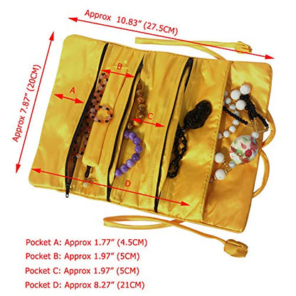 Travel Jewelry Roll Bag - Silk Embroidered Brocade Pouch for Rings, Necklaces, Earrings, Bracelets | Lightweight & Tie Closure (Gold Yellow) - color: Gold Yellow