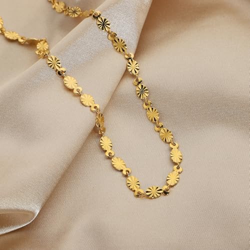 Gold Plated Stainless Steel Necklace Hypoallergenic Oval Petal Chain Link Choker Collar Charm Necklaces Classic Stylish Vintage Fashion Jewelry Valentine's Day Birthday Gift for Women