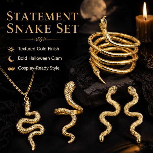 choice of all Snake Medusa Jewelry Gold Snake Necklace Earrings Bracelet Ring Set Gothic Punk Statement Jewelry Halloween Costume Accessories - color: gold