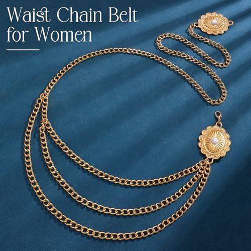 Chain Belt for Women Fashion Multilayer Metal Waist Chain Dress Belt Adjustable - size: Fit Waist Up to 53'', style: Gold-E