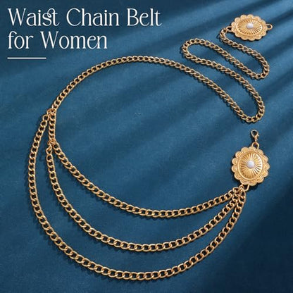 Chain Belt for Women Fashion Multilayer Metal Waist Chain Dress Belt Adjustable - size: Fit Waist Up to 53'', style: Gold-E