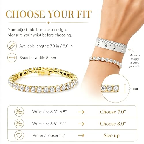 TOPGRILLZ Tennis Bracelets for Women Men, 1 Row 5 mm Cubic Zirconia Bracelet, Iced out Reverse-Set Stone, Box Clasp Anniversary Fashion Jewelry 7-8 Inches - color: Gold Clear