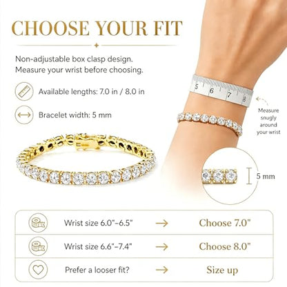 TOPGRILLZ Tennis Bracelets for Women Men, 1 Row 5 mm Cubic Zirconia Bracelet, Iced out Reverse-Set Stone, Box Clasp Anniversary Fashion Jewelry 7-8 Inches - color: Gold Clear
