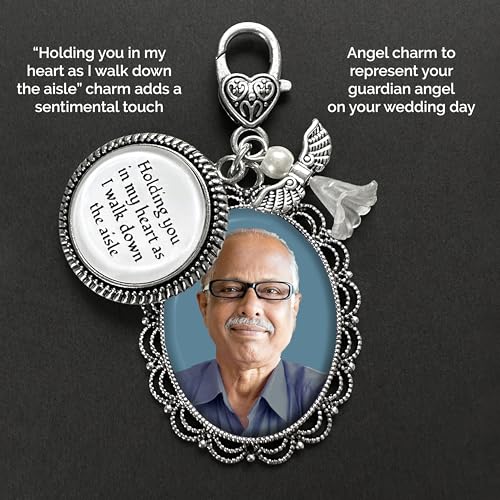 Wedding Bridal Bouquet Charm Holding You in My Heart Walk Down The Aisle | Memorial Gift for Bride or Dad Memorial Charm for Wedding Day. Includes Everything Needed to Easily Add Your Own Photo.