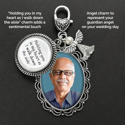 Wedding Bridal Bouquet Charm Holding You in My Heart Walk Down The Aisle | Memorial Gift for Bride or Dad Memorial Charm for Wedding Day. Includes Everything Needed to Easily Add Your Own Photo.