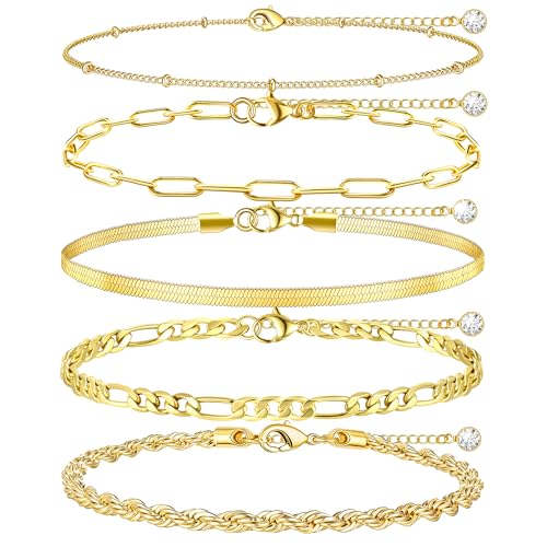 MOINSPIRE Bracelets for Women Non Tarnish, Dainty 18K Gold Plated Bracelets Stack Trendy Waterproof Stackable Bangles, Cuban Link Paperclip Chain Jewelry Set Fashion Accessories Gifts for Women - color: A3-Gold 5pc Bracelets