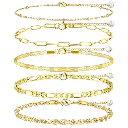 MOINSPIRE Bracelets for Women Non Tarnish, Dainty 18K Gold Plated Bracelets Stack Trendy Waterproof Stackable Bangles, Cuban Link Paperclip Chain Jewelry Set Fashion Accessories Gifts for Women - color: A3-Gold 5pc Bracelets