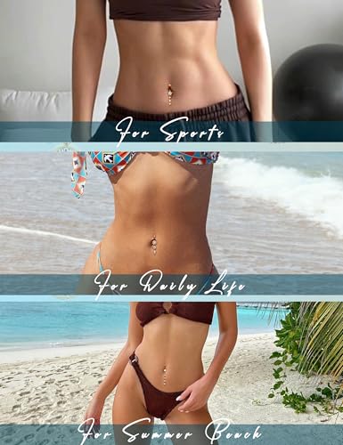 LOLIAS 7 Pcs Surgical Steel Dangle Belly Button Ring Piercing for Women | Hypoallergenic Long Belly Rings Gold Silver 14G Navel Button Piercing CZ Flower Heart Curved Navel Piercing Jewelry - color: C:Gold-tone
