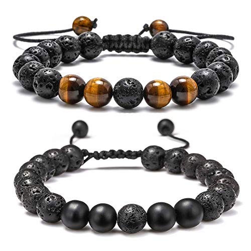 M MOOHAM Mens Bracelet - Beaded Natural Stone 8mm Tiger Eye Matte Agate Lava Rock Bracelets for Men Teen Boys Grandpa Dad Birthday Gifts Jewelry - style: Lava Rock&Yellow Tiger Eye&Matte Agate Bracelets