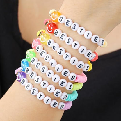 Friendship Bracelets for Women - Heishi Surfer Colorful Smile Evil Eye Clay Beaded Stretch Bracelets Elastic Layering - Stackable Boho Disc Y2K Aesthetic Summer Jewelry Set. - color: Besties Bracelets 7pc